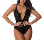 Body paetê alça extra fina decote profundo com elástico feminina fashion