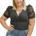 Body plus size canelado manga curta bufante tule decote transpassado feminino