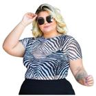 Body Plus Size Tule Manga Curta Onça Oncinha Blusa Animal BT