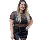 Body Plus Size Tule Manga Curta Transparência Zebra Blusa BVT