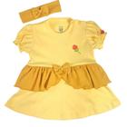 Body vestido bebê fantasia manga curta franzida amarelo bordado princesa bela e a fera com faixa de cabelo