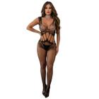 Bodystocking Macacão Sensual Sexy Renda Com Detalhes na Barriga e Abertura Intima Arrastão