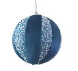 Bola De Natal Azul Decorada Glitter Tecido 10 Cm 3 Unidades