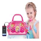 Bolsa com microfone infantil som luzes coloridas conecta celular mp3 rosa menina rock show