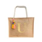 Bolsa De Praia Juta Personalizada Com Letra Inicial Dourada