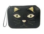 Bolsa Feminina Carteira de Mão Porta Celular Clutch Preta Gato Preto Couro Madamix