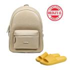 Bolsa Mochila Feminina Escolar Faculdade Bege + Chinelo Amarelo Nuvem Slide Flexível Moderno