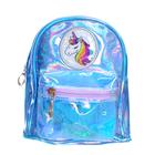Bolsa Mochilinha Infantil Unicornio Com Brilho Holográfico Azul