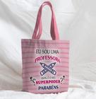 Bolsa Sacola Artesanal de Tecido Professora Escola Listrado Rosa