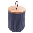 Bombonieri Potiche Pote de Cerâmica com Tampa de Bambu Decoração Lines Azul Marinho 12,5x10cm