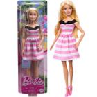 Boneca Articulada Barbie Vestido Listrado Rosa e Branco Com Laço Preto - Edição de Aniversário de 65 Anos - Mattel