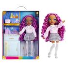 Boneca moderna Rainbow High Lilac Purple com roupa e acessórios.