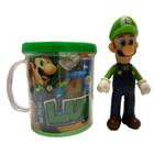 Boneco Luigi do Mario Miniatura Original Figura Coleção com Caneca 350ml