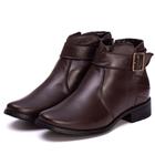 Bota Botina Couro Feminino Cano Curto Zíper Moda Fivela Detalhes Costura Salto Baixo Confortável