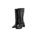 Bota Casual Croco Feminino Cano Alto Bico Fino Tiras Fivela Rebites Salto Grosso