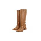 Bota Casual Croco Feminino Cano Alto Bico Fino Tiras Fivela Rebites Salto Grosso