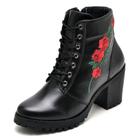 Bota Coturno Couro Feminino Detalhe Floral Lateral Salto Bloco Medio Moderna