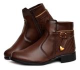 Bota Coturno feminino com Ziper e Fivela Cano Curto Salto Baixo Inverno