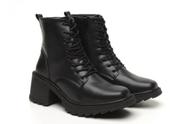 Bota Coturno Salto Grosso Alto Bico Quadrado Cano Curto Preto e Off-White