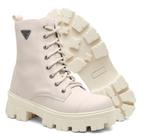 Bota Coturno Tratorado Casual Off White com Cadarço e Zíper