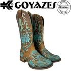 Bota Country Texana Feminina Goyazes Bico Quadrado Couro Marrom Claro E Azul R. 243201-CF