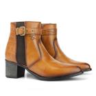 Bota Couro Croco Western Feminina Salto Baixo Bloco Fachete Bico Fino Cano Curto Casual Caramelo