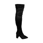 Bota Feminina Over The Knee Bico Fino Salto Grosso Cano Longo Camurça Strech Preto