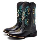 Bota Texana Em Couro Krn Shoes Com Bordado De Flores Bico Redondo