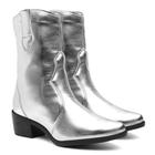 Bota Texana Montaria Prata Feminina Bico Fino Salto Grosso Bloco Western Cano Médio Moda Casual