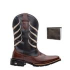 Bota Western Masculina Bico Quadrado em Couro Texas Gold Escama Café com Carteira