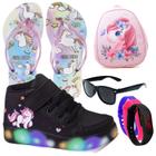 Botinha De Led Led Feminino Unicornio Meninas Calce Facil + Mochila + Chinelo Oculos Relogio