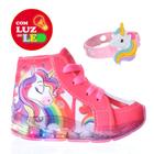 Botinha Infantil Com Luzinha de Led Tenis de Criança Menina Unicornio com Rosa