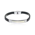 Bracelete Aço 20Cm Couro Preto Trabalhado Com Placa 10X36Mm