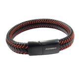 Bracelete Rosso 20Cm Couro Trançado Preto Linhas Vermelho