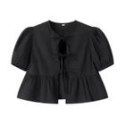 Branco Plissado Colheita Topo Feminino Preto Puff Manga Blusa Arco Amarrado Verão Ruched Blusa