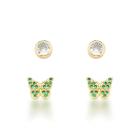 Brinco Dupla Borboleta Verde e ponto de luz Banhado a Ouro 18k