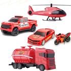 Brinquedo Kit Bombeiro Com 5 itens Caminhão Carros e Moto Helicoptero