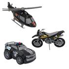 Brinquedos Carro De Polícia Moto Helicóptero Preto 03 Peças