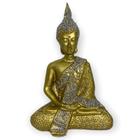 Buda Tibetano Meditando 12 cm Prata e Dourado em Resina