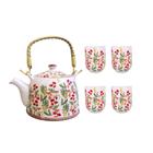 Bule Porcelana Chinesa com Infusor e 4 Copos Flor Vermelha