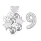 Buque 10 Balões a Coração Estrela e 1 Número Metalizado Prata 70cm - Partiufesta