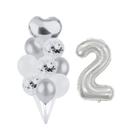 Buque 9 Balões Bexiga Coração e 1 Número Metalizado 70 cm -Prata