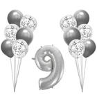 Buquê de Balões Metalizados e Número 9 Prata - 13 Balões