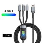 Cabo de Carregamento 3 em 1 - USB-C, Micro USB e Lightning - Transparente e com Luz Indicadora