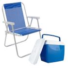 Cadeira Bel Alta Estrutura De Alumínio Lazy Sannet Azul Dobrável + Caixa Térmica 26 Litros Leve E Fácil Para Transportar