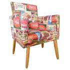 Cadeira Poltrona Para Sala de Estar Quarto Recepção Decorativa Pés madeira Pálito C/Rodapé Nina Estampada Suede Coca Cola