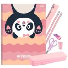 Caderno Brochura Capa Dura Ursinho Panda Rosa Pastel com Kit Escolar 7 Pçs Estojo Régua Lápis Apontador Tesoura Borracha