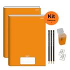 Caderno Brochurão Laranja Capa Dura 96 folhas Kit 2un Stiff Jandaia + Kit Escolar Lápis Faber Borracha Apontador 8 itens