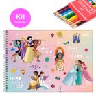 Caderno de Desenho Capa Dura 80fls Princesas Disney Tilibra + Lápis de Cor 12 Cores Faber Castell Escolar Infantil