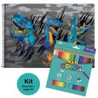 Caderno de Desenho Capa Dura Raptor Dinossauro Tilibra 80fls + Lápis de Cor 24 Cores Multicolor Faber Escolar Infantil